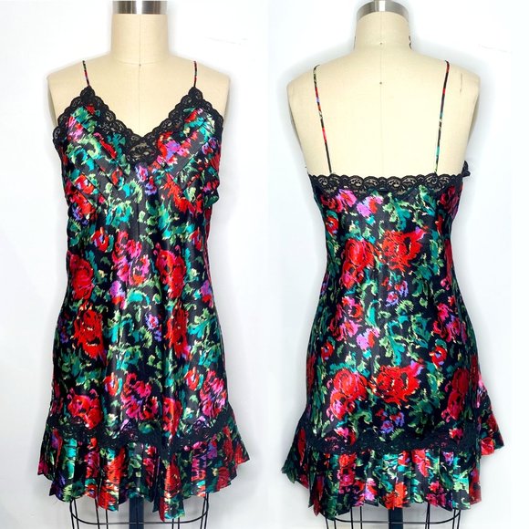 Vintage Gold Label Victoria's Secret Abstract Floral Pattern Satin + Lace Nighty - Picture 1 of 6